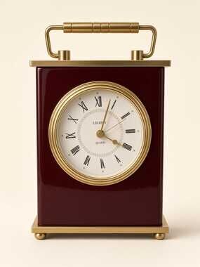 Linden Burgundy Quartz Mantel Clock, Brass Swing Handle, White Roman Numerals
